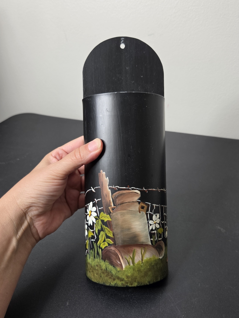 Hand-Painted Black Wall Metal Pocket with Floral & Rustic Milk Can Motif 10.5"
